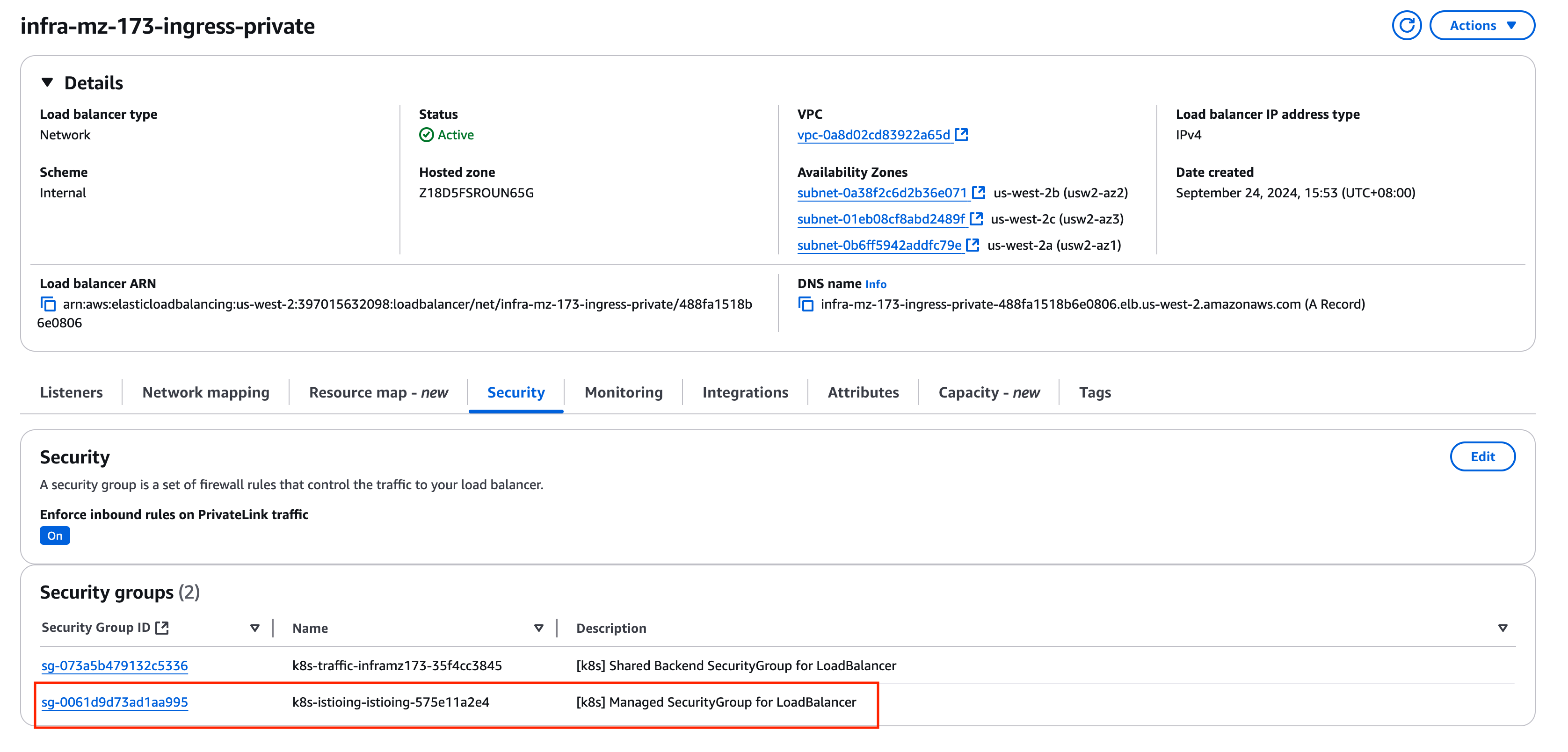 BYOC Private Load Balancer Security Group